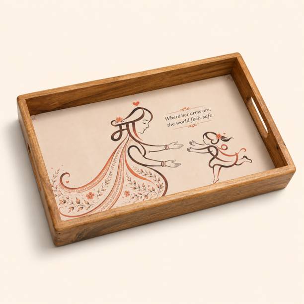 Noon Artesa Mamta Wooden Tray | Solid Wood Tray with Handles | Decorative Tea Coffee Serving Tray