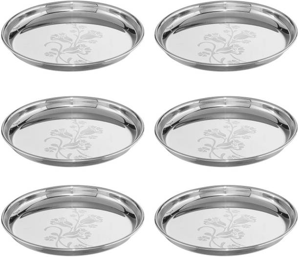 NEELAM Stainless Steel 13 22G Lazer Etching Buffet Plate, 30 cm, Silver, Set of 6 Dinner Plate
