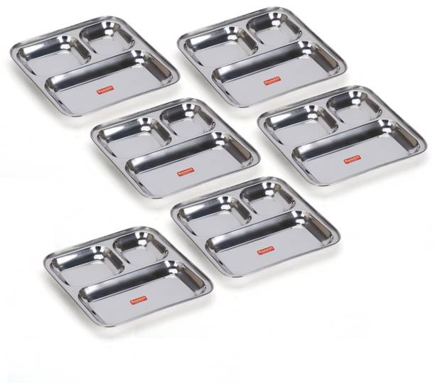 Sumeet Stainless Steel 3 in 1 Idli Wada Compartment plate/Snack/Breakfast Plate, 21.7cm Sectioned Plate