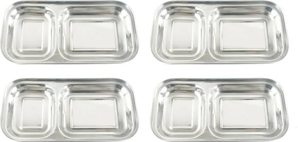 SAUBHAGYA Stainless Steel 2 in 1 Rectangular Two Compartment Nasta/Dinner Plate 9inch Mess Sectioned Plate