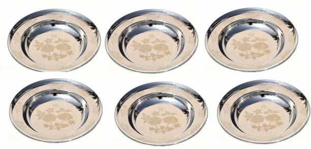 Nirvika Pack of 6 Stainless Steel Stainless Steel Tableware Deep 10.5 Inches Soup/Maggi/Pasta/Macroni/Idly/Gravy Rice Plates/Bowl Plate Breakfast Meal Quarter Plates Set of 6 Pc Pcs Pieces (Dimension - 10.5 Inches Depth - 1.5 inches)( Set of 6 Quantity)(Half Plate/Quarter Plate/Dish Set) (Material : Stainless Steel)(Design: Round with Permanent Laser Flower Printed) Rice Plates (6 Rice Plates) Dinner Set Dinner Plate