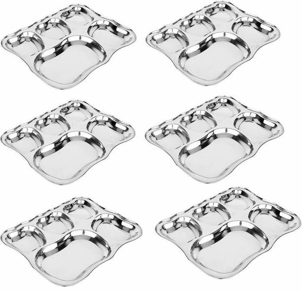शारदा मेटल्स Set of 6 Stainless Steel Lunch Dinner Bhojan Thali सेक्शन्ड प्लेट