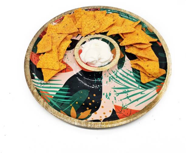 SHIYON Wood Round Chip and Dip Bowl Plate Tray for Snacks,French Fries Etc-Multicolor Chip & Dip Tray