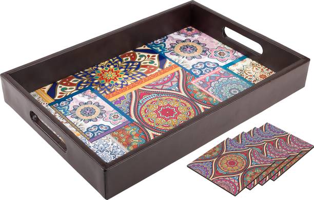 Birch & Co. 1 Wooden Serving Tray + 4 Coasters Set for Decoration | Tea Trays | Coffee Tray Tray