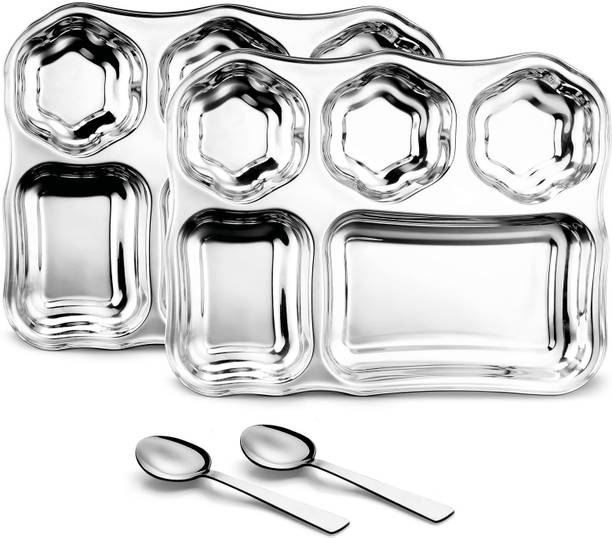 Classic Essentials Stainless Steel 5in1 Compartment Hexagonal Design Bhojan Thali with Spoon Sectioned Plate