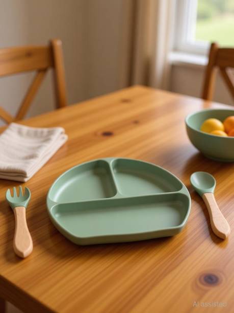 PRECHANA Silicon Suction Plates with Spoons for Baby & Toddler, 100% Food Grade Plate Sectioned Plate