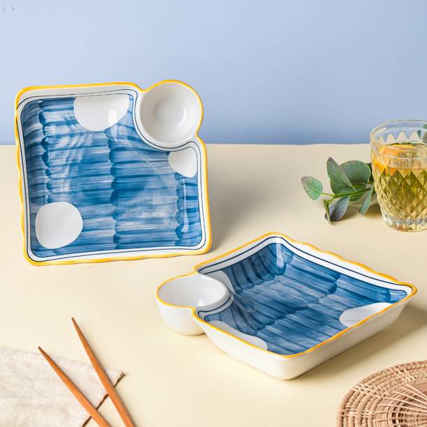 Nestasia White and Blue Polka Dot Nitori Ceramic Set of 2 Square Plates with Section Chip & Dip Tray