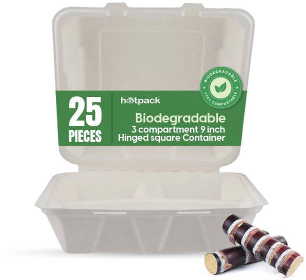 Hotpack 25 Pieces Biodegradable 3 Compartment 9 Inch Hinged Clamshell Sectioned Plate