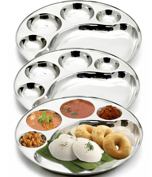 urban kraft 5in1 Stainless Steel Thali Round Partition Plate Lunch Extra Deep - Set of 3 Sectioned Plate
