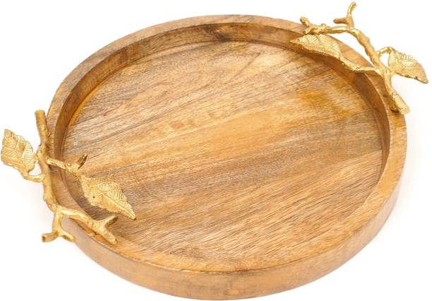 ADA Handicraft Mango Wood Round Serving Platter, Nested Serving Tray with Brass Designed Tray