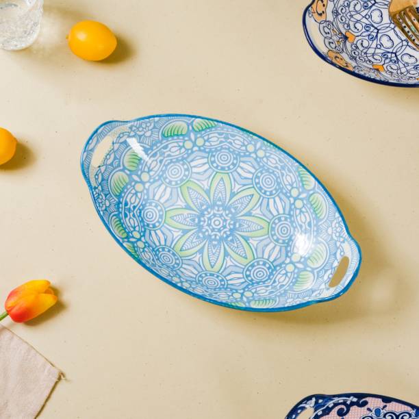 Nestasia Blue and Green Mandala Ceramic Long Dish with Handles for Serving Snacks Tray