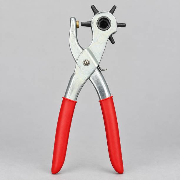 RJD1114 Leather Belt Hole Puncher with 6 Rotary Punch Options, Red Handles, 22 cm Punch Plier