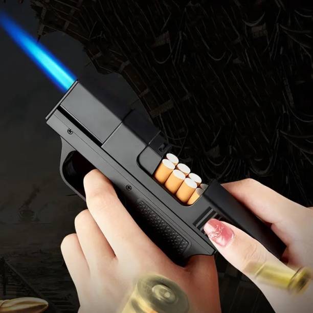 VIOVI Focus Gun Cigarette Case Inbuilt Rechargeable Windproof Torch Blue Jet Flame Lighter 10 pcs Cigarette Box Pocket Lighter