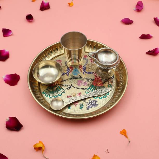 Flipkart SmartBuy Handcrafted 100% Brass Pooja Peacock thali Plate Set With Kuber Stand diya Brass