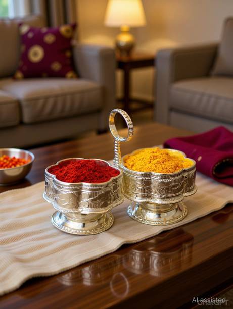 Abhiksha Creations Silver Plated Haldi Kumkum Holder with Handle | Traditional Pooja Item Silver Plated
