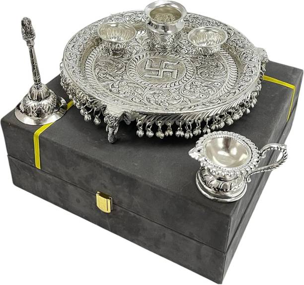 GOVIND ART German Silver Pooja Thali Set with Diya, Kalash & Bowls for Home Mandir Brass