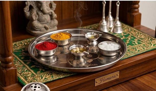 Homivra Stainless Steel Floral Pooja Aarti Thali Set 7 Piece Stainless Steel