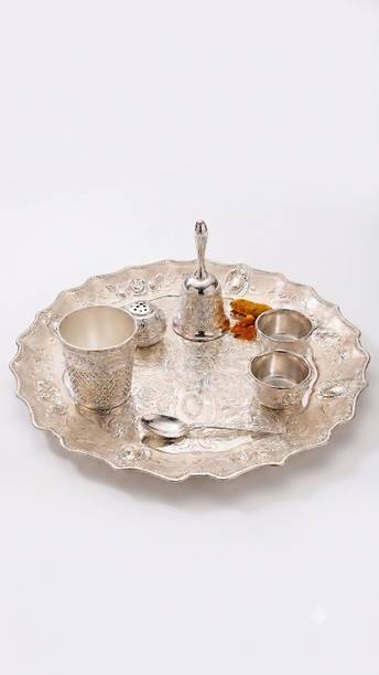 Urbanelly Urbanelly German Silver coting Pooja Thali Set Silver