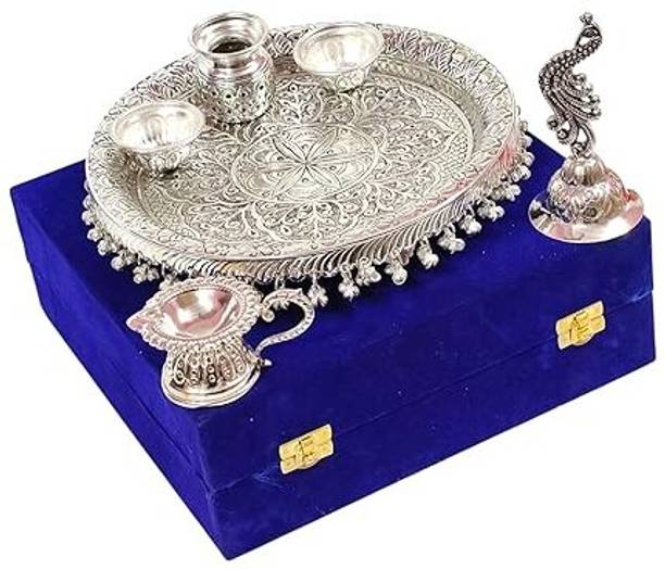 SHRI KAILA MAI TRADERS German Silver Antique Full Ghungru Layer Decorative Plate Diwali with Velvet Box Brass