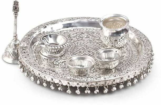 AKSHATTI Silver Decorative Pooja Thali Set with Diya, Kalash & Bowls Brass