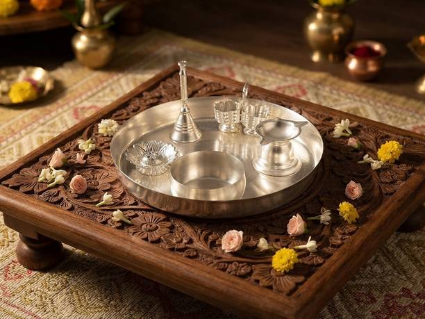 GoldGiftIdeas 7PS Pooja Thali Set For Home, Silver Plated