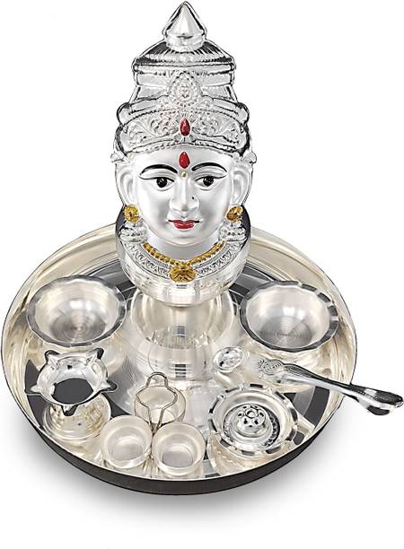 BENGALEN Pooja thali Set Silver Plated with Accessories and Varalakshmi Devi Mukhota Idol Silver Plated