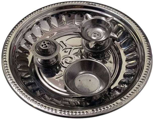 AURA POOJA Pooja Thali Set with Fixed Diya,Katori & Agarbatti Stand– Traditional Puja Plate Stainless Steel