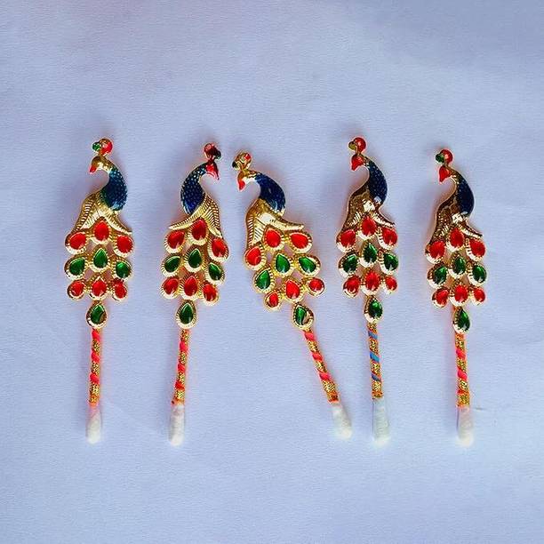MOREL Pooja Tilak Stick Meenakari Colorful Diamond Tilak Sticks Peacock Shape 2PC Gold Plated