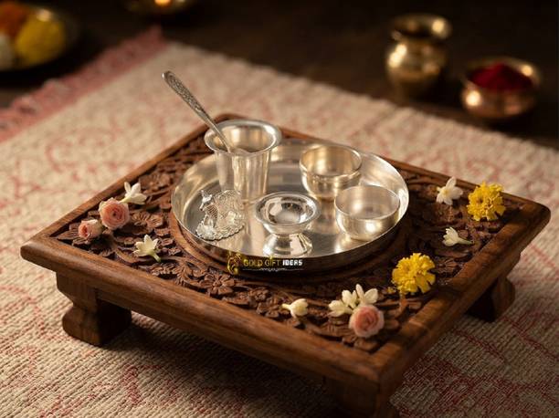 GoldGiftIdeas 6PS Plus Pooja Thali Set Silver Plated