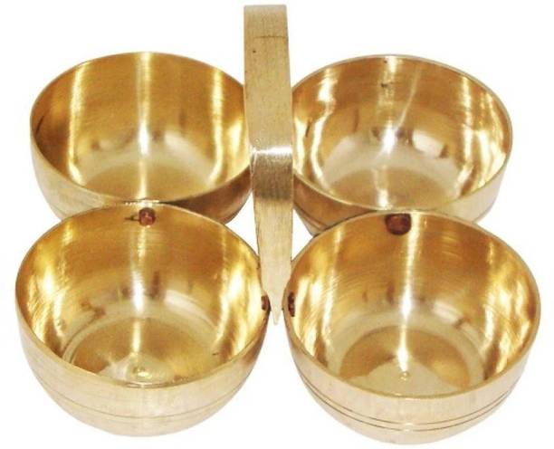 MEHRUNNISA Pure Brass Chopda for Mandir Pooja Kumkum Chawal Sindoor Mishri Holder Four Bowl Attach Chomukhi Katori Color GOLD Brass