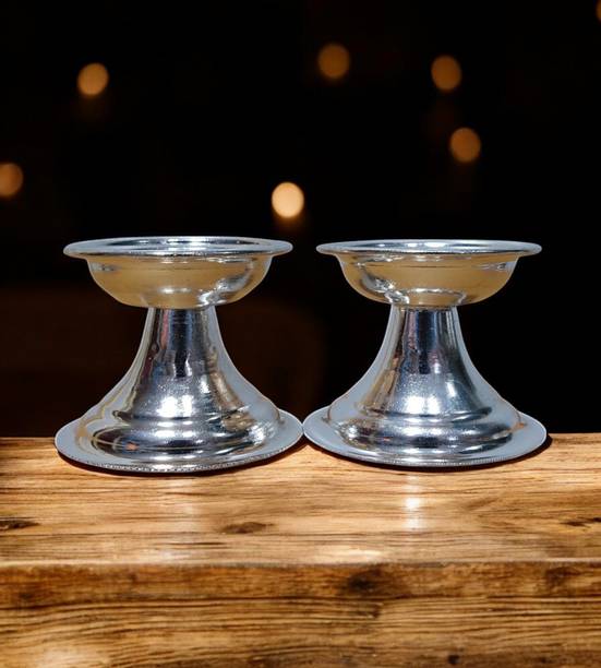 Sigaram 2X2 Inch Plain Diya Made by Pure German Silver For Pooja K4165 Silver Plated (Pack of 2) Table Diya Set