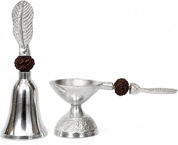 SAMGRAH German Silver Pooja Bell and Diya Set with Rudraksha Beads for Mandir Decor Silver Plated