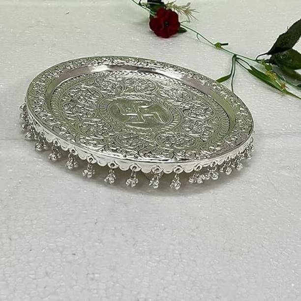 MLS HANDICRAFTS Antique Germen Silver Carved Pooja Thali With Two Small Katori Brass