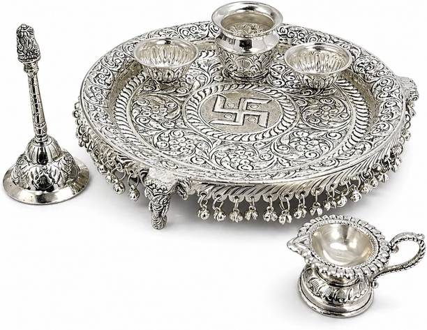 GOVIND ART Pooja Thali Set with Diya, Bell & Kalash Brass, Silver