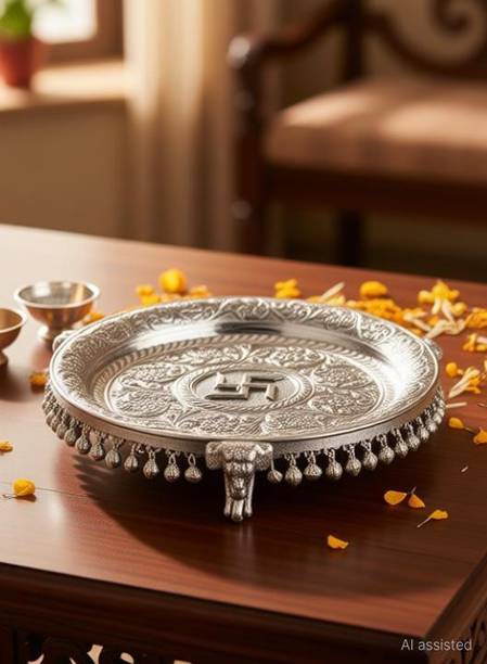 RABHYA HANDICRAFTS Germen Silver Plated Elephant Leg Pooja Thali with Swastik Design Brass
