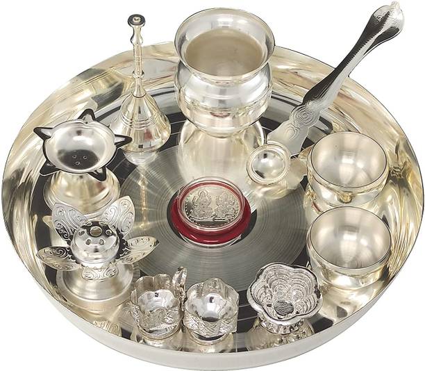 BENGALEN Pooja Thali Set 8 Inch with Accessories Puja Wedding Return Gift Items Silver Plated