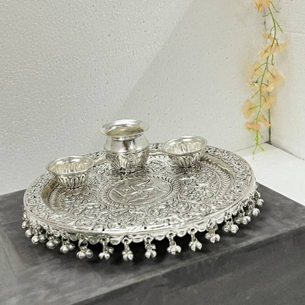 MLS HANDICRAFTS German Silver Antique Pooja Thali Full Ghungroo Layer, Home Decorative,GIFTING Brass