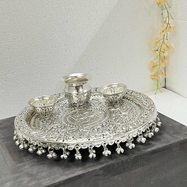GOVIND HANDICRAFTS Luxury Silver Plated Pooja Thali Set with Kalash & Bowls with Ghungroo Border Brass