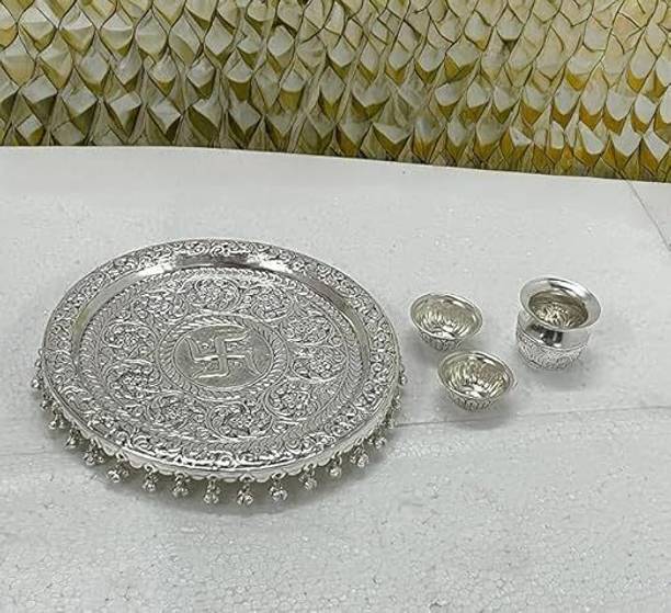 SHRI KAILA MAI TRADERS German Silver Pooja Thali with Full Ghungroo Layer thali for Diwali, rakhi Brass