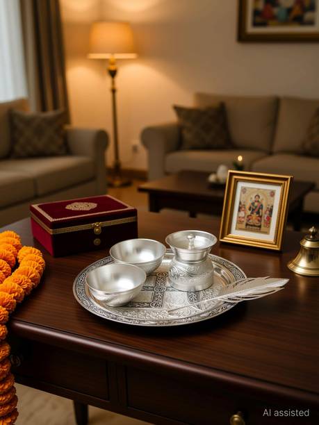 M S Enterprises Silver plated Brass Pooja Thali set with Velvet Box Silver