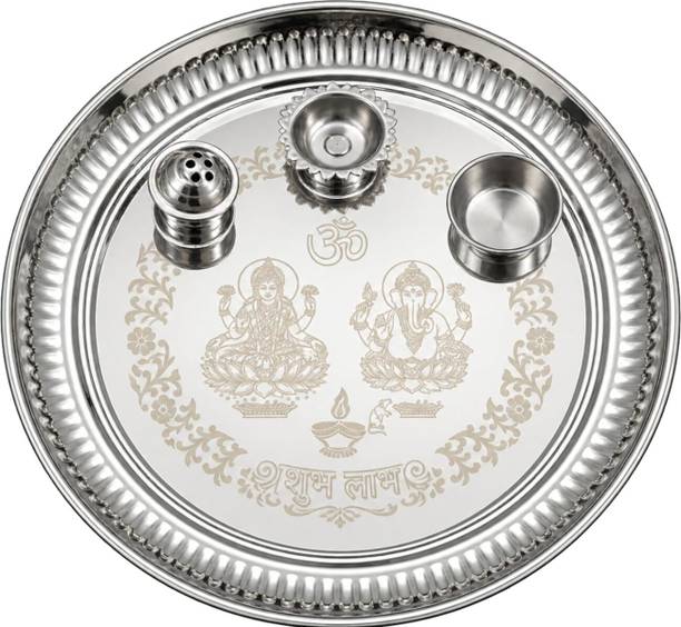 TELESHIELD Stainless Steel Pooja Thali Set with Diya, Agarbatti Stand & Kumkum Bowl 12INCH Steel