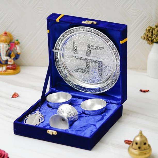 aaravi arts Silver Plated Swastik Pooja Thali Set with Velvet Box for Diwali Poojan Decorative Showpiece  -  20 cm