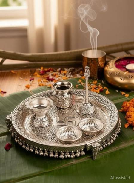 RABHYA HANDICRAFTS Premium Silver Plated Pooja Thali Set with Diya, Bell, Kalash, & Kumkum Bowls Brass