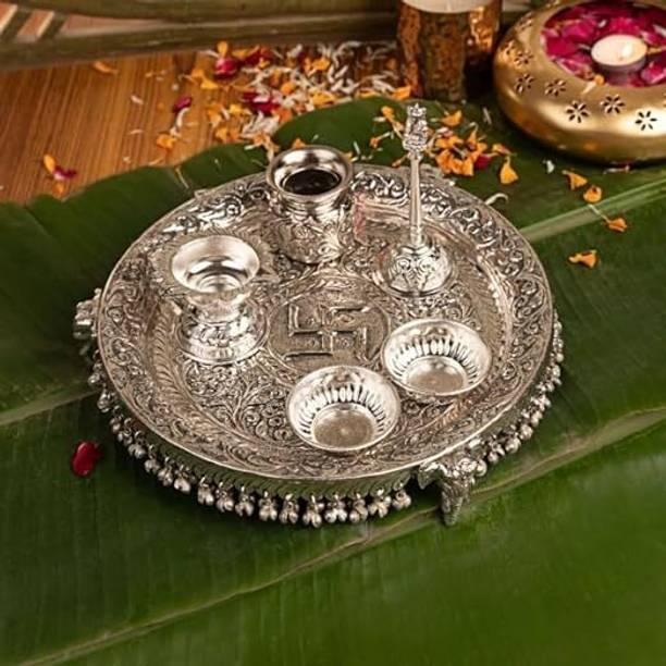 RABHYA HANDICRAFTS Premium Silver Plated Pooja Thali Set with Diya, Bell, Kalash, & Kumkum Bowls Brass