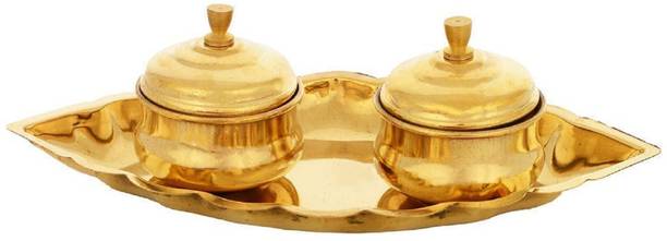 Tekzie 2 Containers Brass Chandan Roli with Lid and Attached with Thali Kumkum Holder Brass