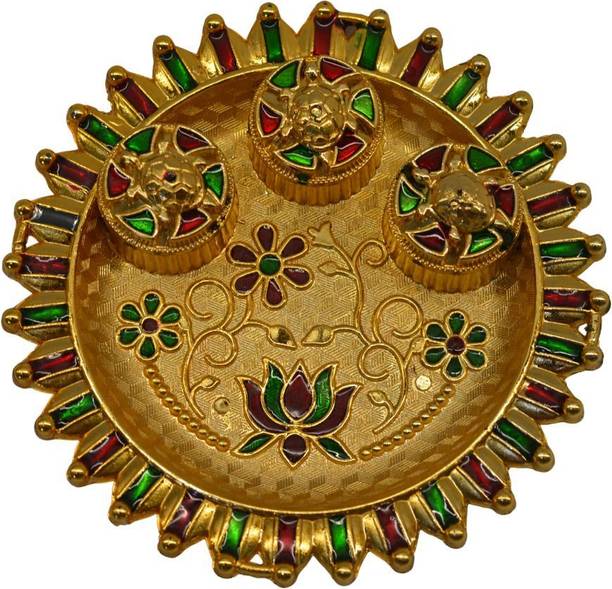 MBEPOXY Pooja Thali Plate, Golden-Plated with Lotus and Floral Design Plastic