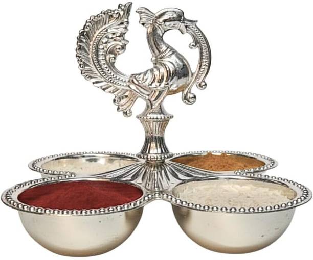 Denique Denique German Silver Plated Puja Roli Chawal, Elaichi, Mishri 4 Bowl Stand puja Silver Plated