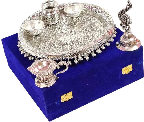 RABHYA HANDICRAFTS Pooja Thali Set with Peacock Bell, Kalash, Diya & Kumkum Bowls With Valvet Box Brass