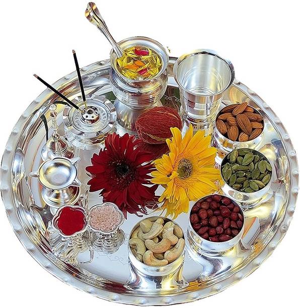 BENGALEN Silver Plated Pooja Thali Set 12 Inch Puja Items Wedding Return Gift Items Silver Plated