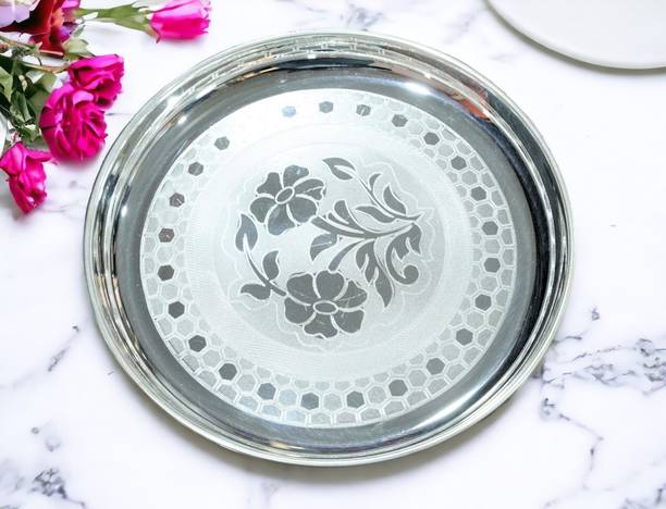 Sigaram German Silver 12 Inch Floral Designed Plate For Home Pooja Decor K3130 Silver Plated